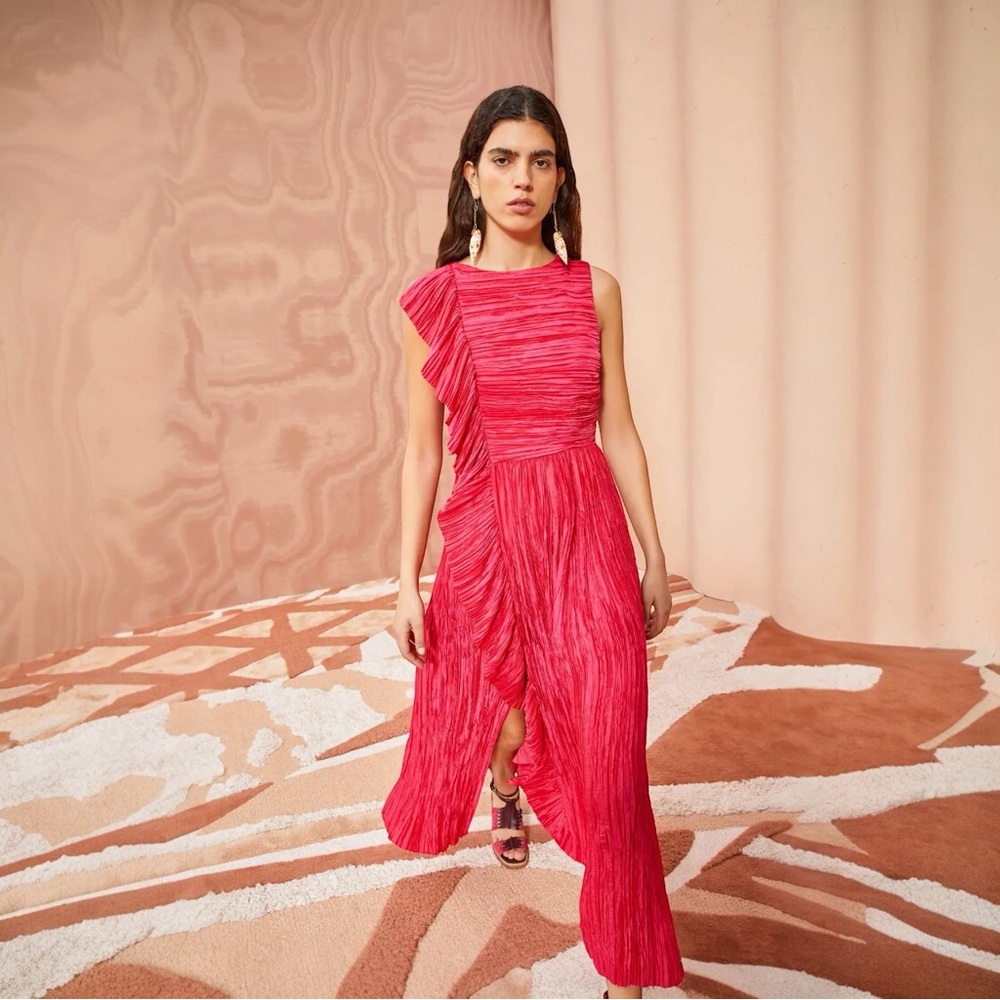Ulla Johnson Hot Pink Pleated Midi Dress with Ruffle Detail